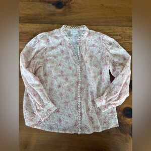Sundays Floral Lace Trim Button Front Blouse cotton Pink Cottagecore Top S